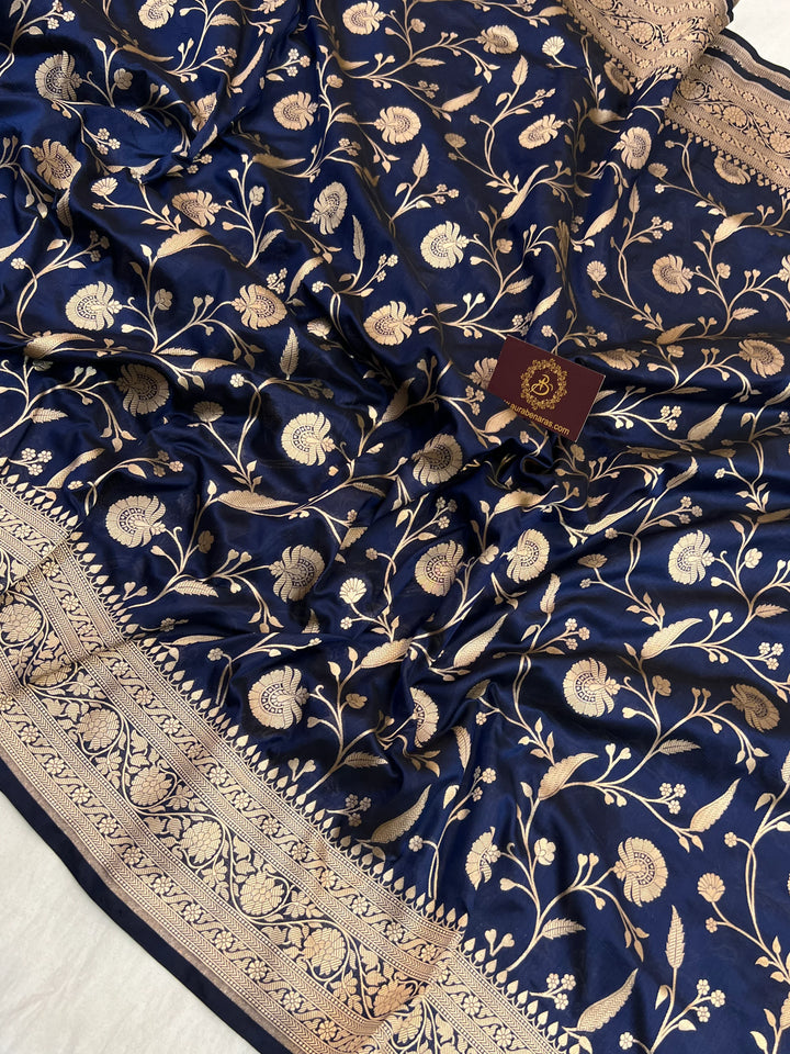 Navy Blue Pure Katan Silk Handloom Saree with Golden Floral Jaal