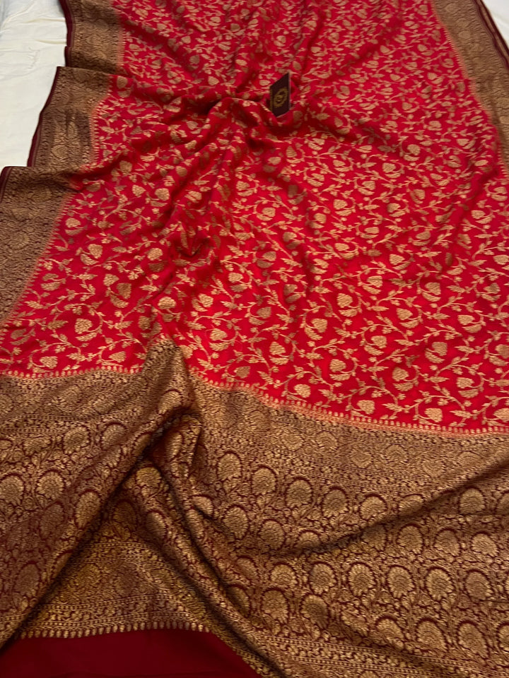 Red Pure Khaddi Georgette Banarasi Saree | Antique Zari Jaal