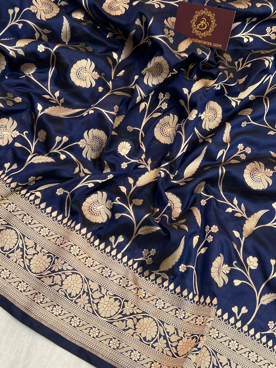 Navy Blue Pure Katan Silk Handloom Saree with Golden Floral Jaal