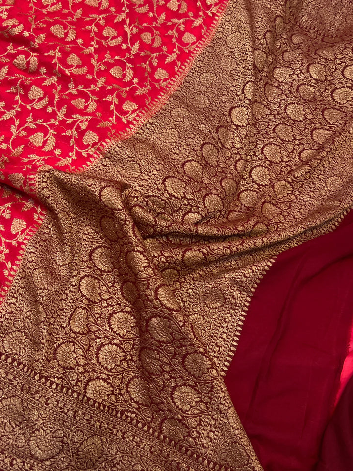 Red Pure Khaddi Georgette Banarasi Saree | Antique Zari Jaal