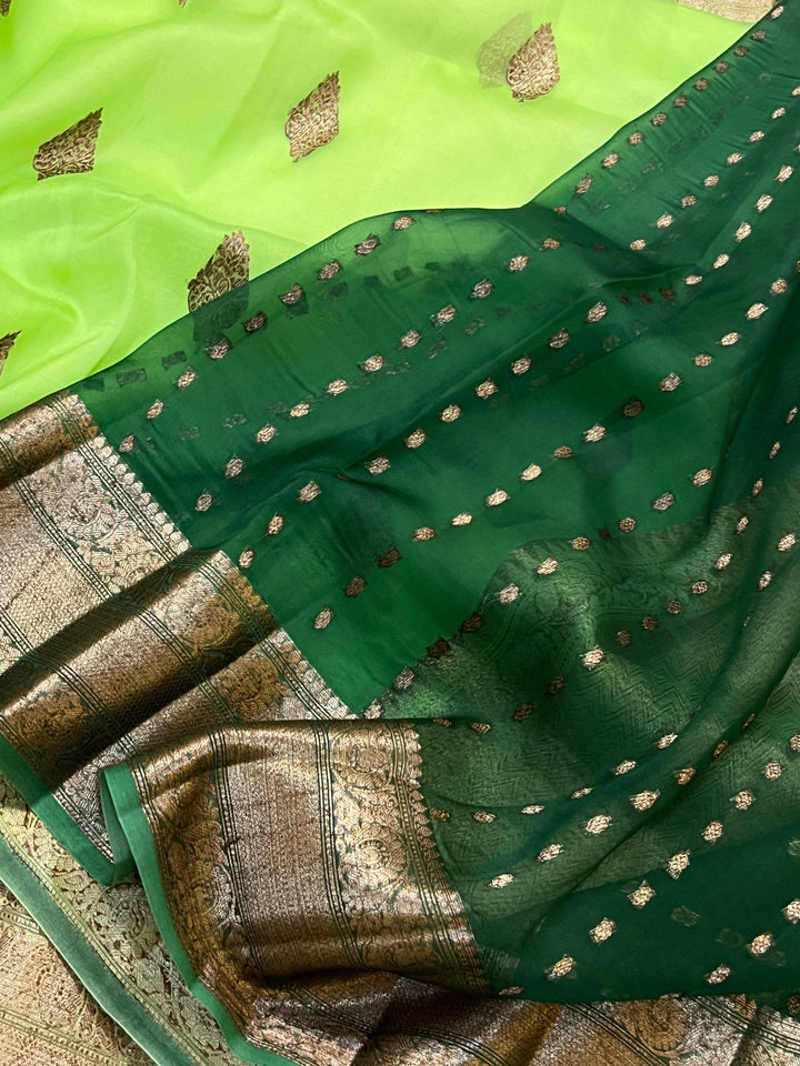 Pista Green Banarasi Handloom Kora Silk Saree - Aura Benaras