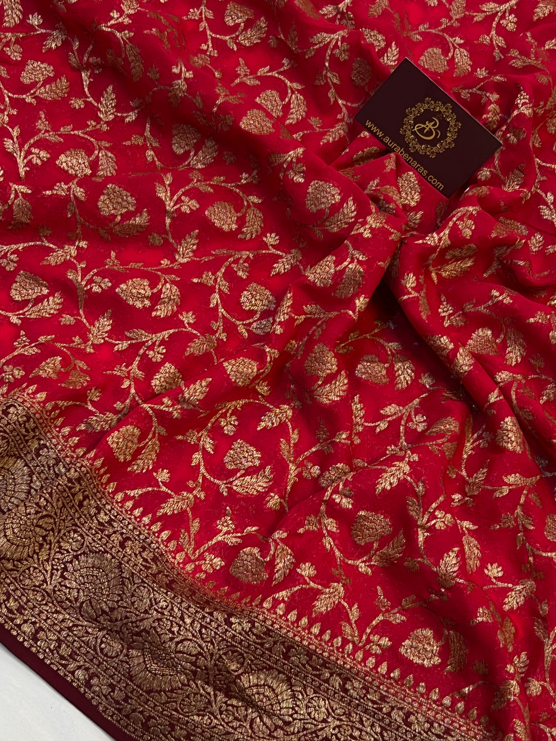 Red Pure Khaddi Georgette Banarasi Saree | Antique Zari Jaal