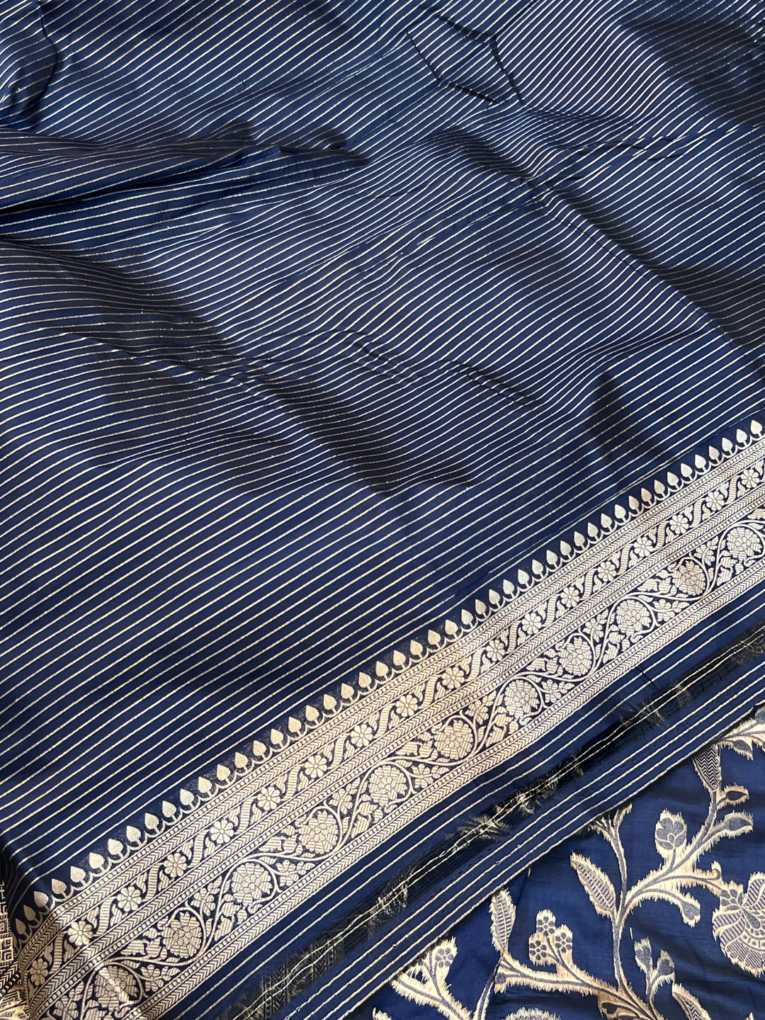 Navy Blue Pure Katan Silk Handloom Saree with Golden Floral Jaal