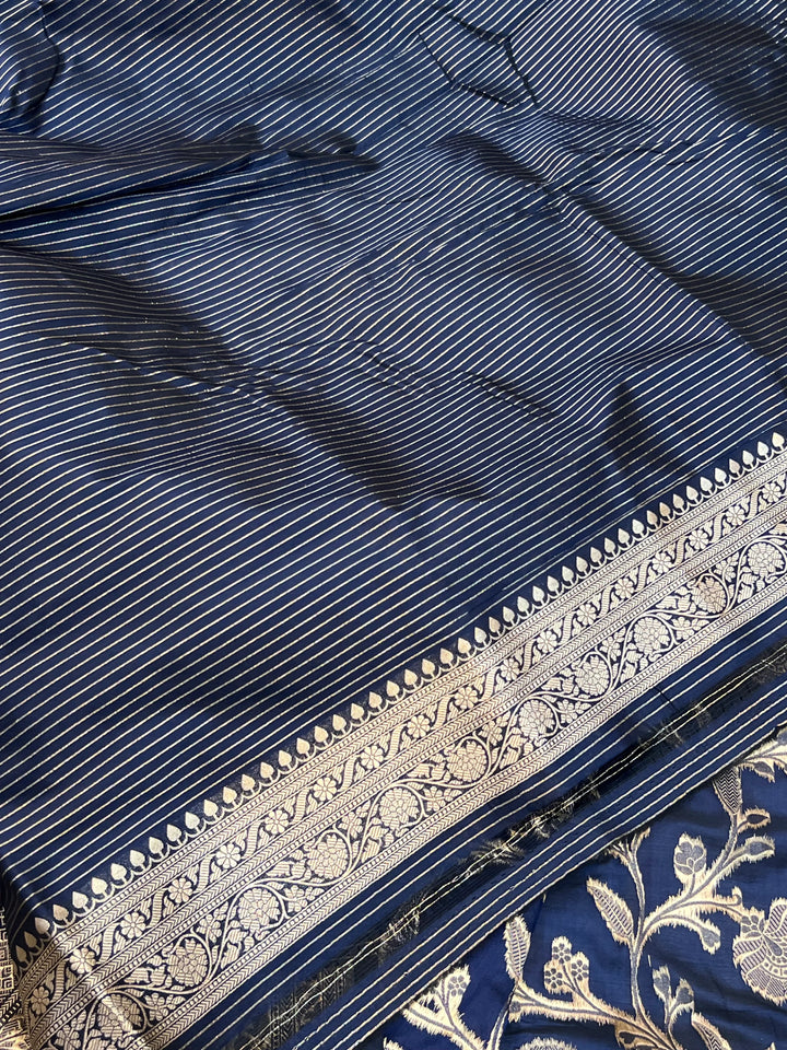Navy Blue Pure Katan Silk Handloom Saree with Golden Floral Jaal