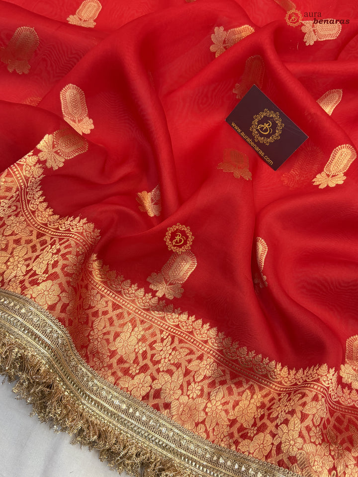 Red Pure Kora Silk Banarasi Saree with Sona Rupa Zari 