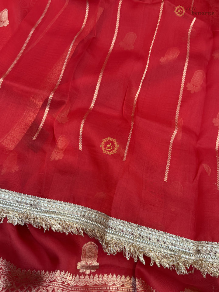 Red Pure Kora Silk Banarasi Saree with Sona Rupa Zari 