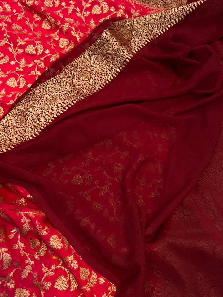 Red Pure Khaddi Georgette Banarasi Saree | Antique Zari Jaal