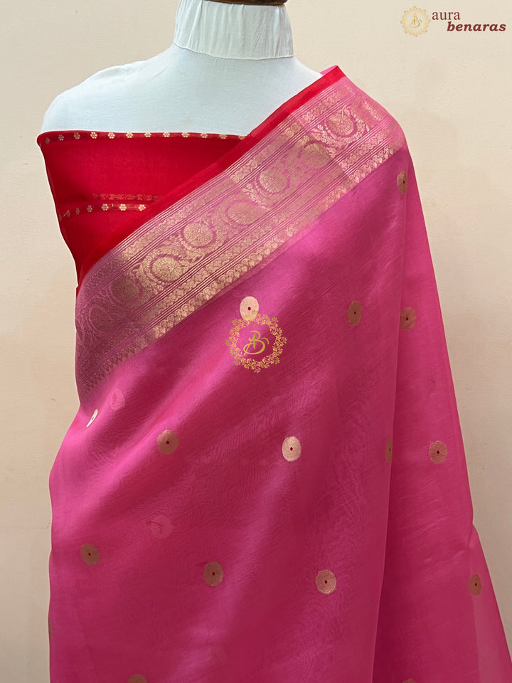 Bubblegum Pink Pure Kora Silk Handloom Banarasi Saree
