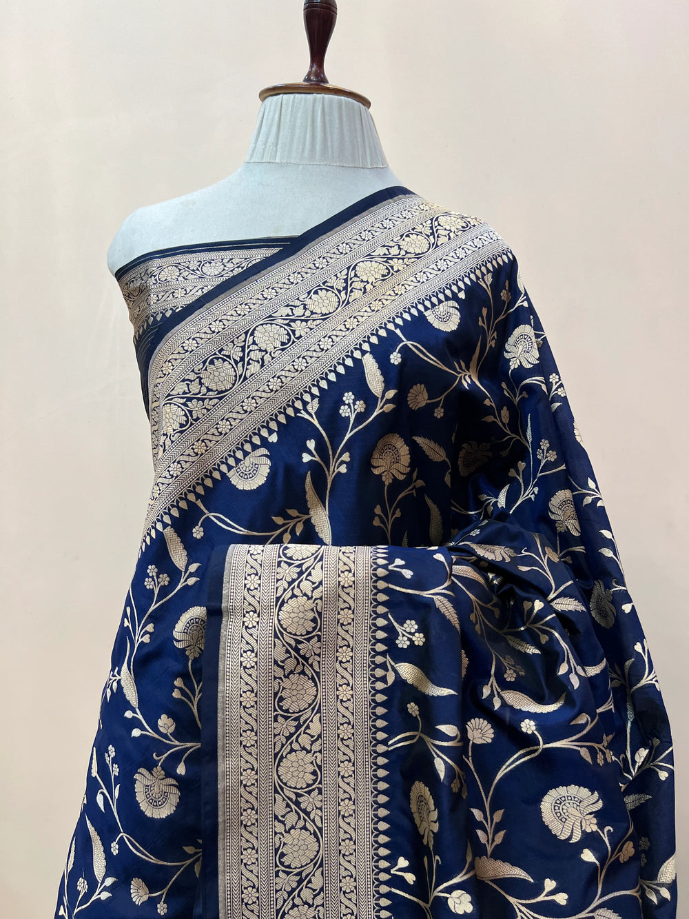 Navy Blue Pure Katan Silk Handloom Saree with Golden Floral Jaal