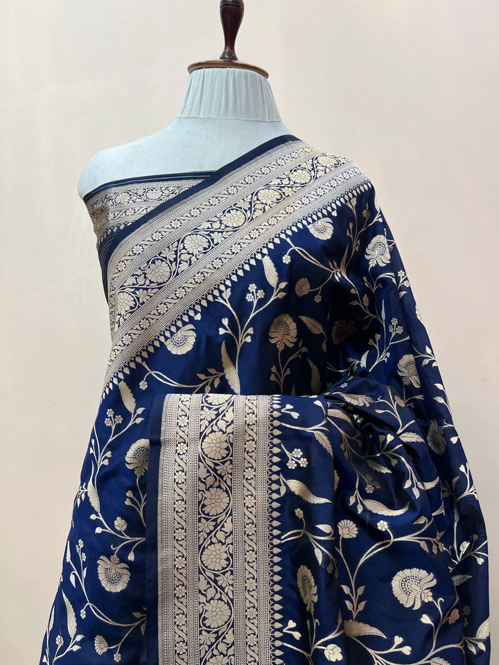 Navy Blue Pure Katan Silk Handloom Saree with Golden Floral Jaal