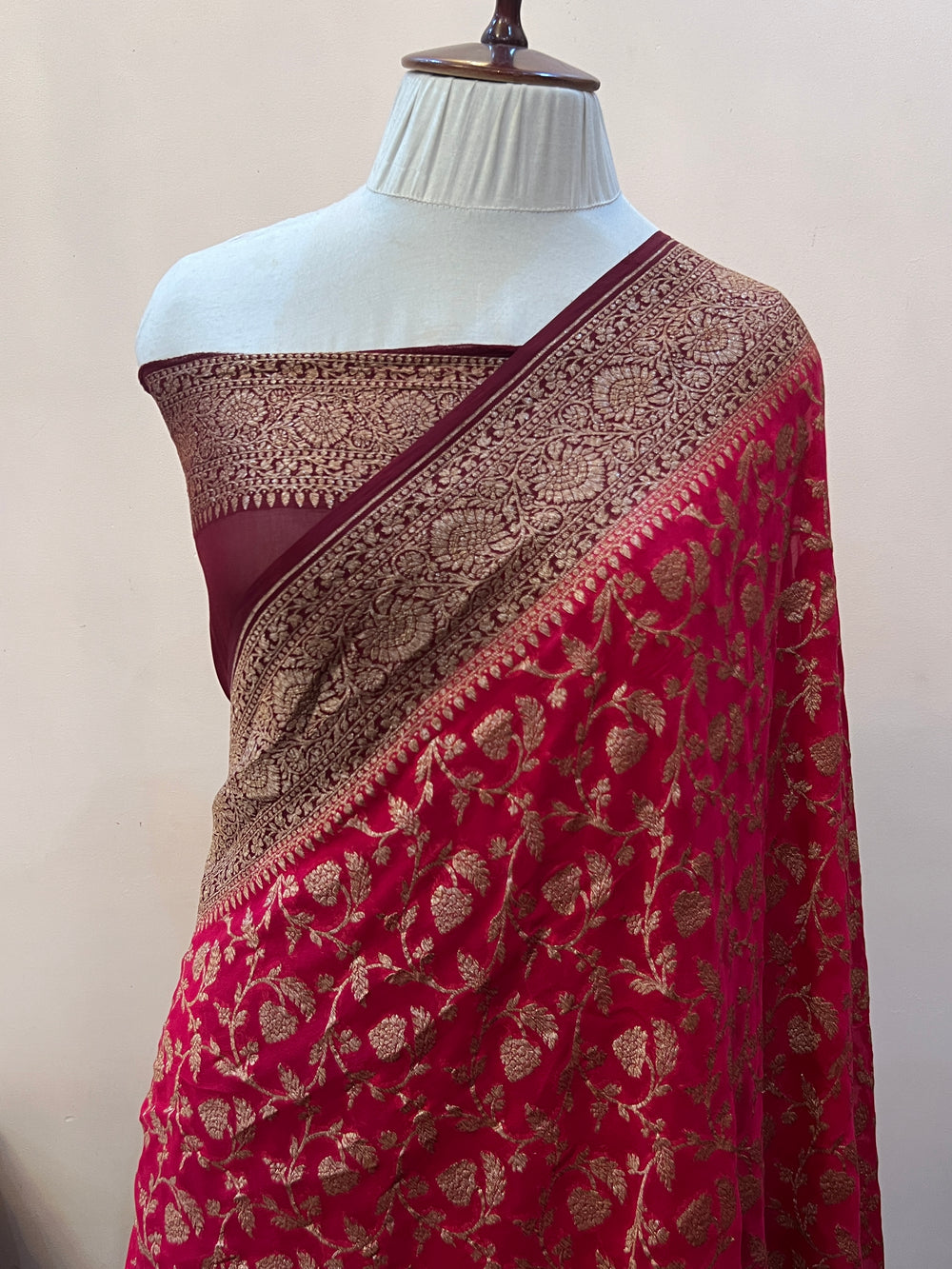 Red Pure Khaddi Georgette Banarasi Saree | Antique Zari Jaal