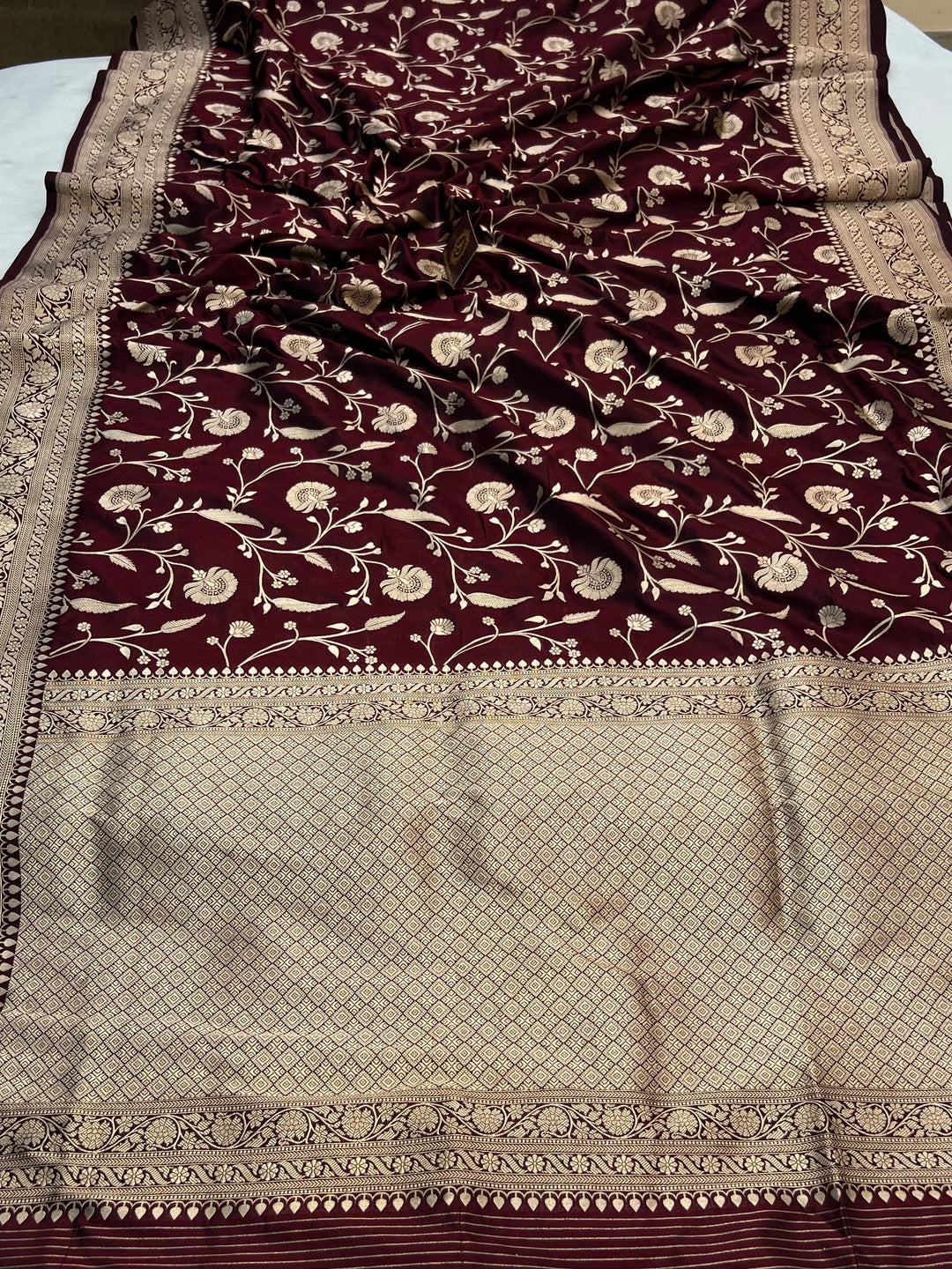 Deep Maroon Pure Katan Silk Handloom Saree with Golden Floral Jaal