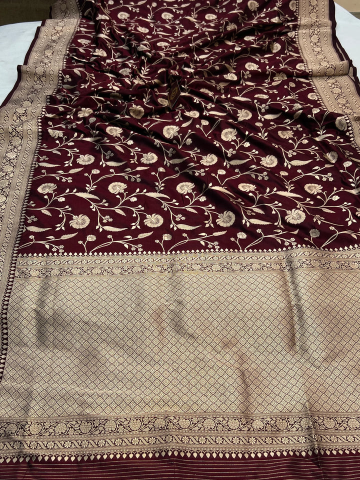 Deep Maroon Pure Katan Silk Handloom Saree with Golden Floral Jaal