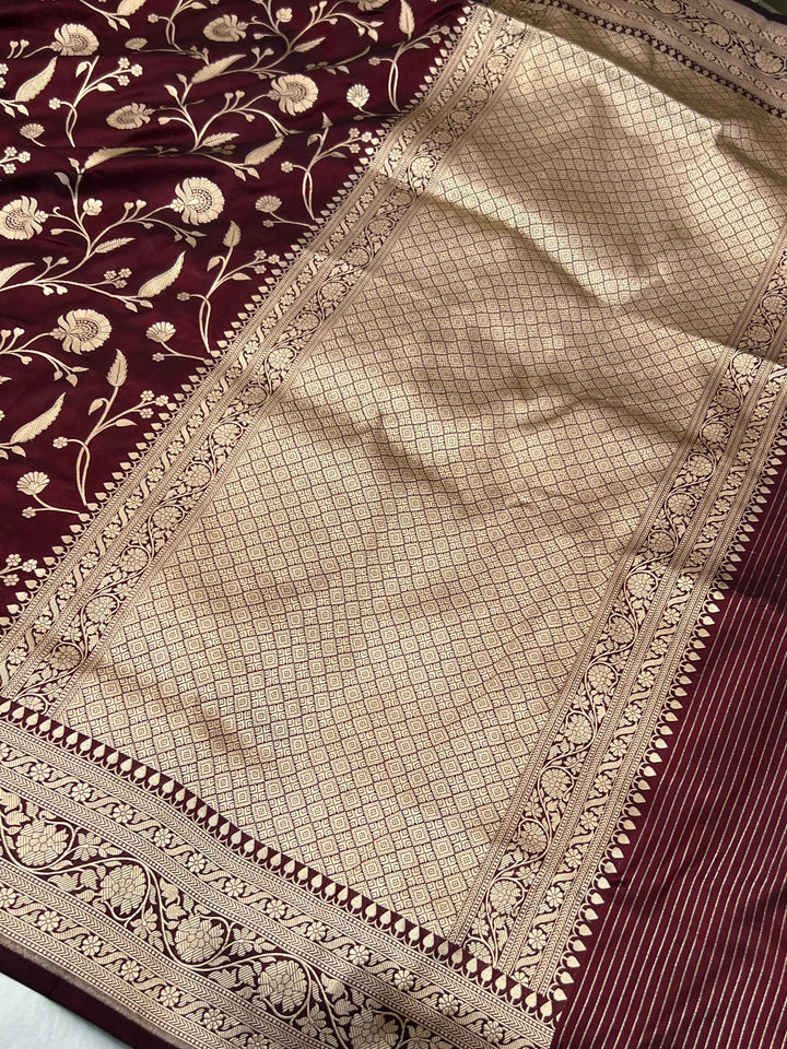 Deep Maroon Pure Katan Silk Handloom Saree with Golden Floral Jaal