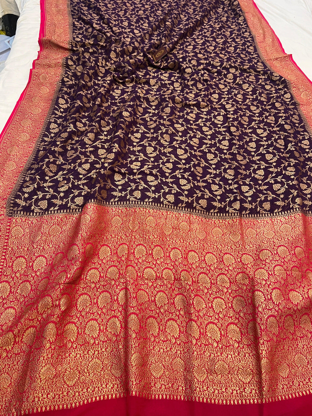 Deep Purple Pure Khaddi Georgette Handloom Banarasi Saree