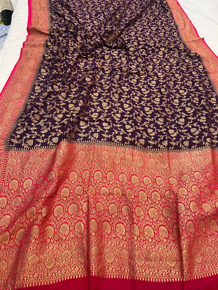 Deep Purple Pure Khaddi Georgette Handloom Banarasi Saree