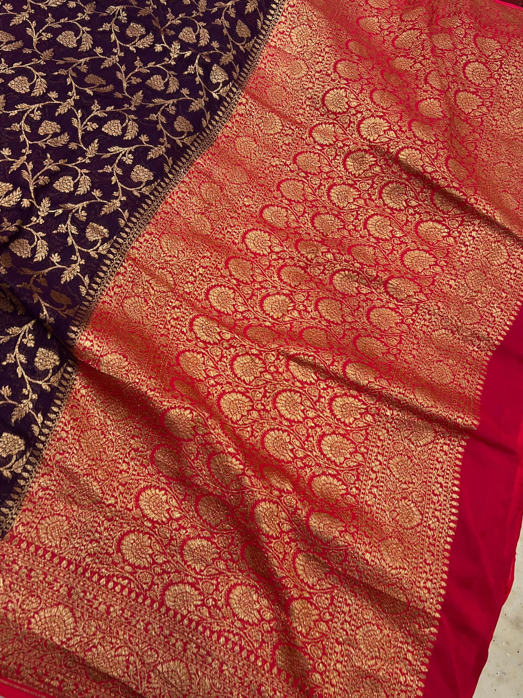 Deep Purple Pure Khaddi Georgette Handloom Banarasi Saree