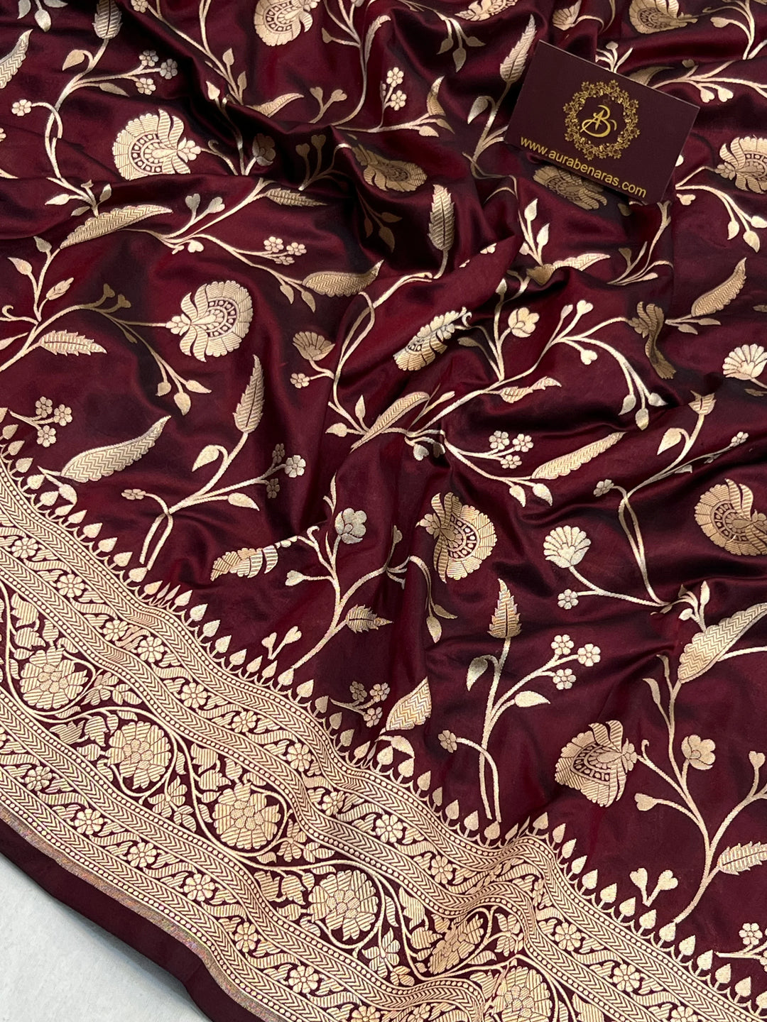 Deep Maroon Pure Katan Silk Handloom Saree with Golden Floral Jaal