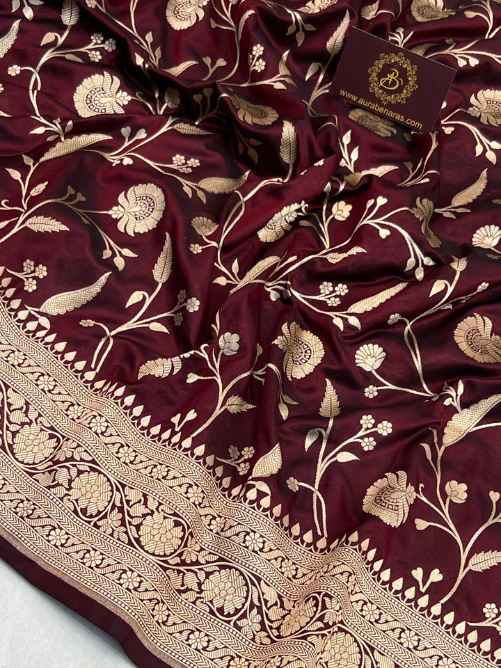 Deep Maroon Pure Katan Silk Handloom Saree with Golden Floral Jaal