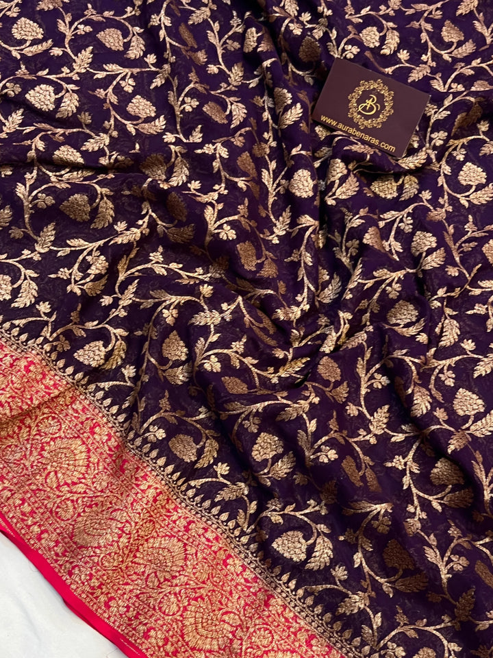 Deep Purple Pure Khaddi Georgette Handloom Banarasi Saree