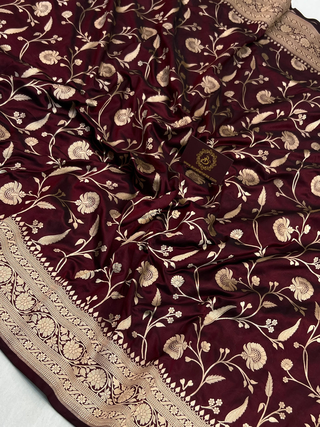 Deep Maroon Pure Katan Silk Handloom Saree with Golden Floral Jaal