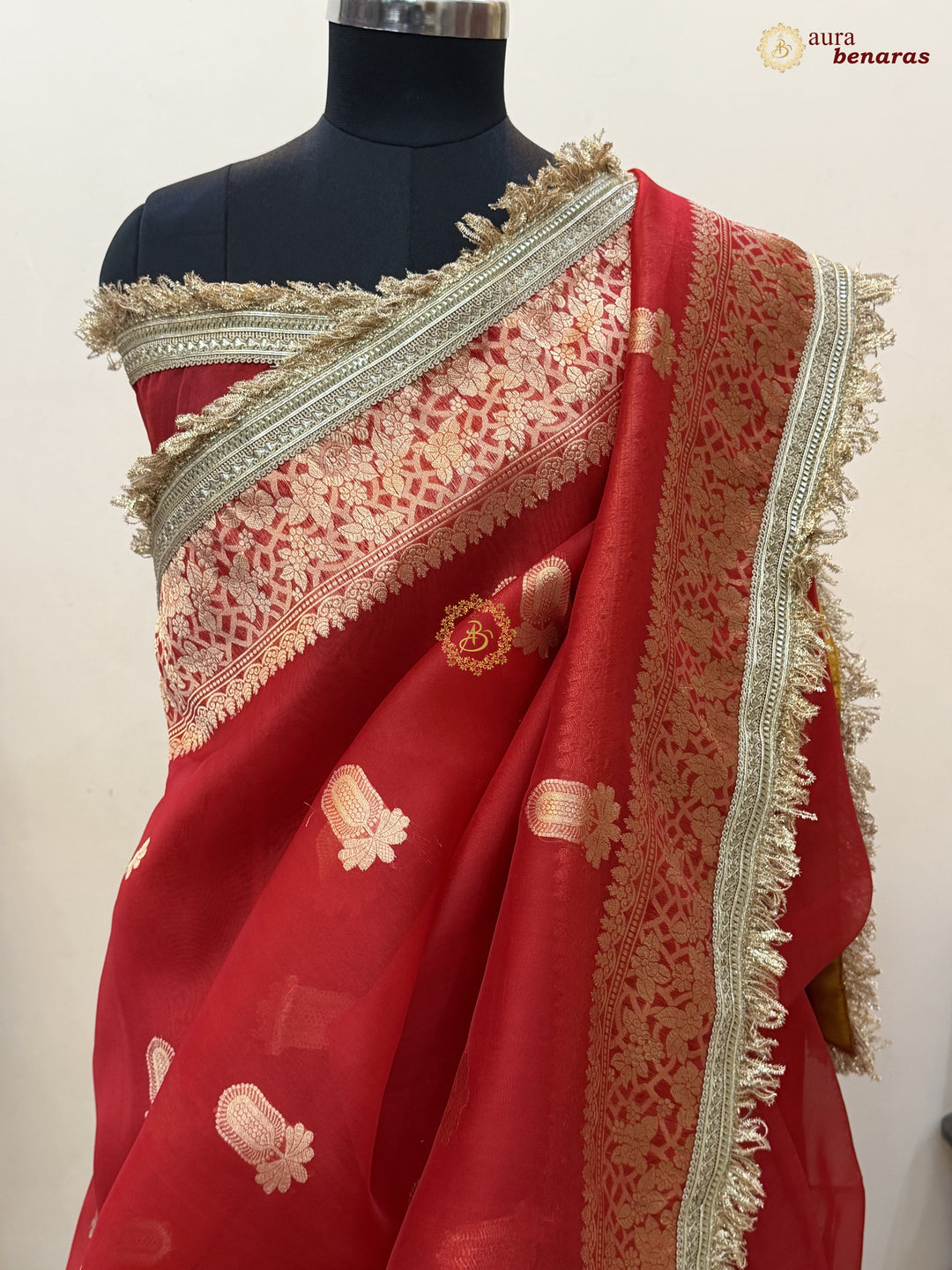 Red Pure Kora Silk Banarasi Saree with Sona Rupa Zari 