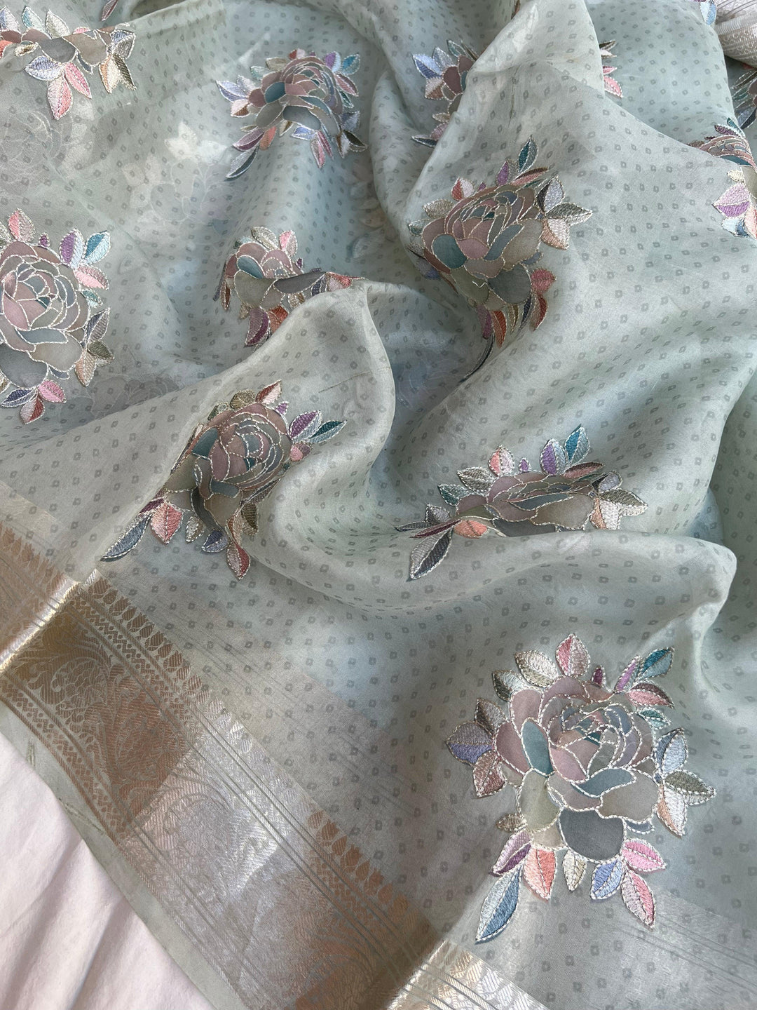 Pastel Grey Banarasi Handloom Kora Silk Saree