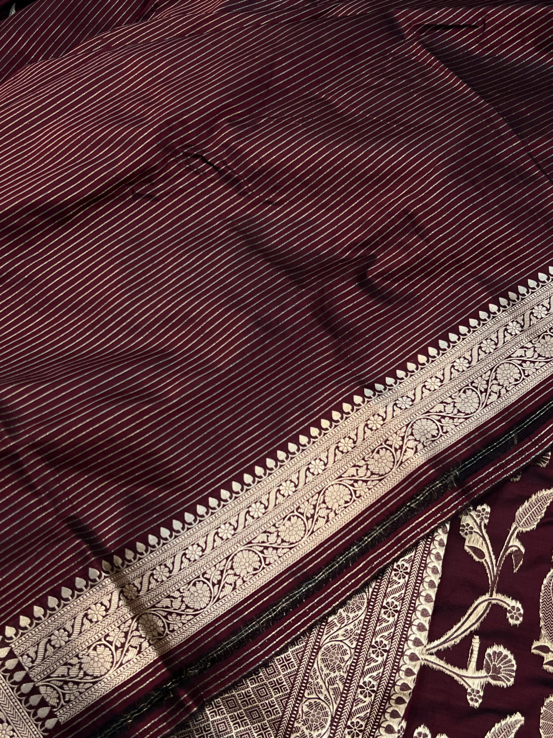 Deep Maroon Pure Katan Silk Handloom Saree with Golden Floral Jaal