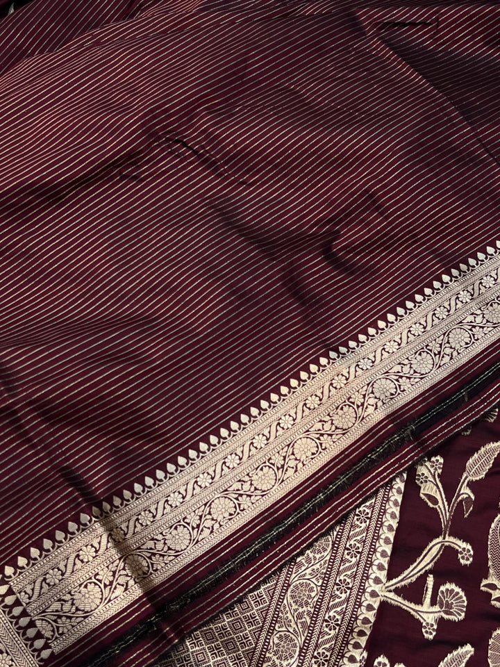Deep Maroon Pure Katan Silk Handloom Saree with Golden Floral Jaal