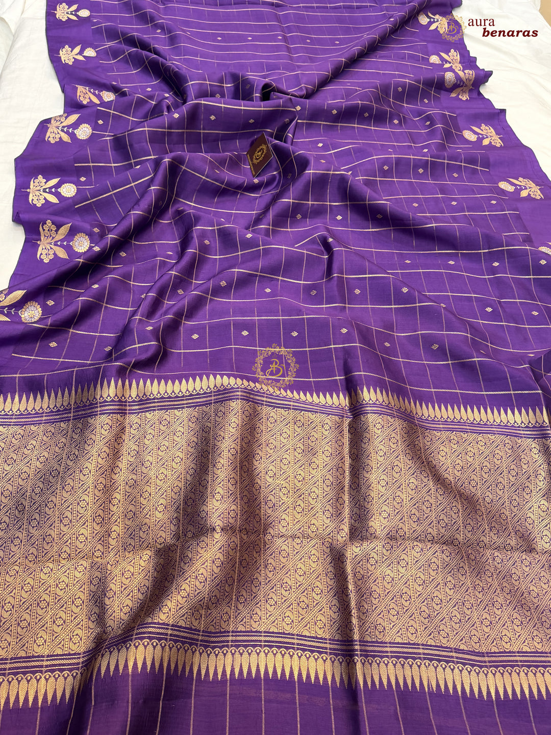  Purple Banarasi Silk Saree Zari Checks Kadhwa Border