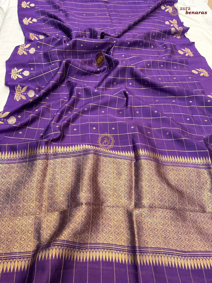  Purple Banarasi Silk Saree Zari Checks Kadhwa Border
