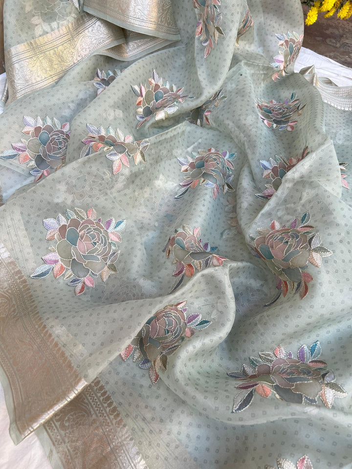 Pastel Grey Banarasi Handloom Kora Silk Saree