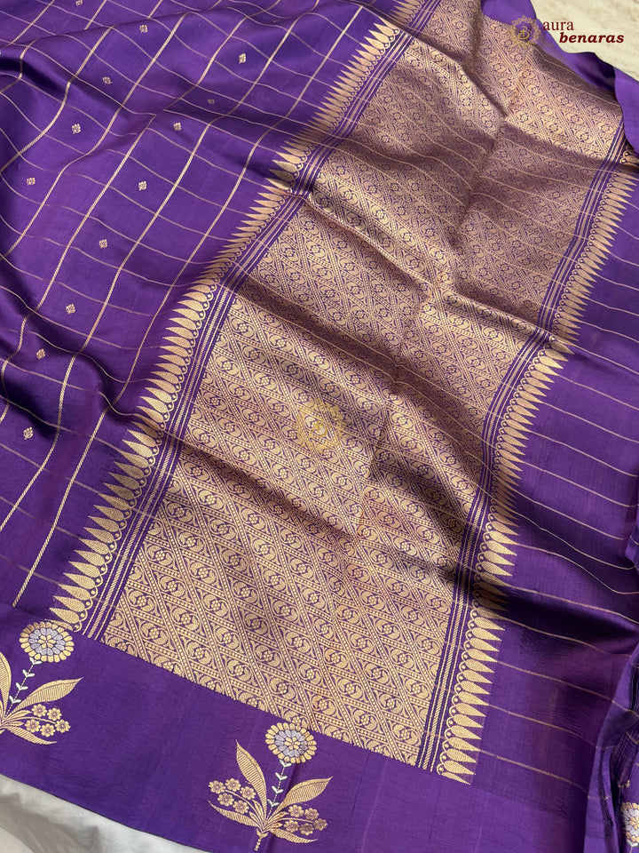  Purple Banarasi Silk Saree Zari Checks Kadhwa Border