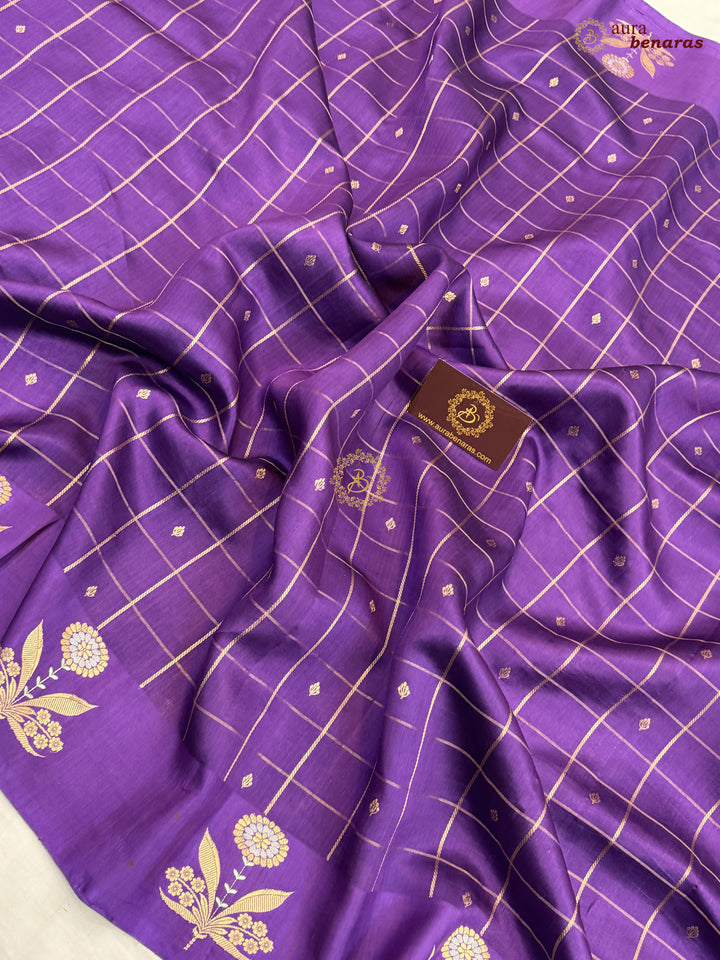  Purple Banarasi Silk Saree Zari Checks Kadhwa Border