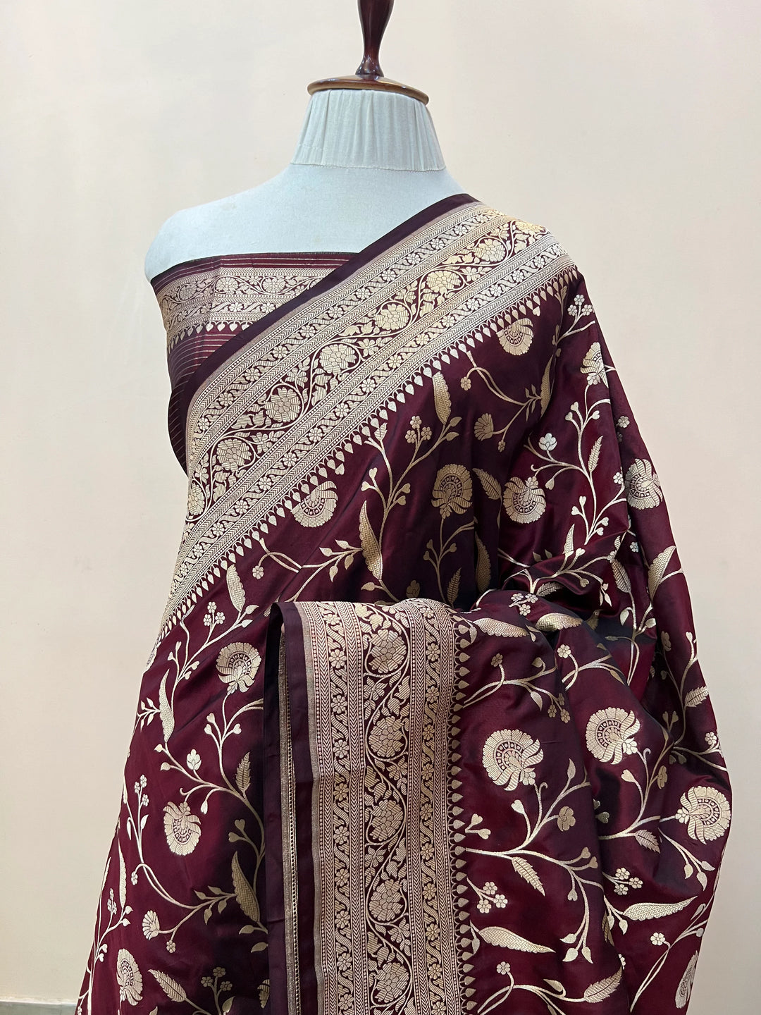 Deep Maroon Pure Katan Silk Handloom Saree with Golden Floral Jaal