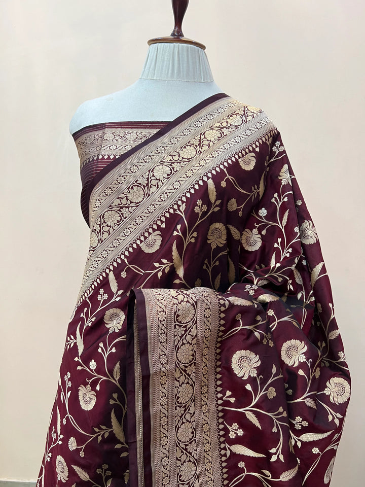 Deep Maroon Pure Katan Silk Handloom Saree with Golden Floral Jaal