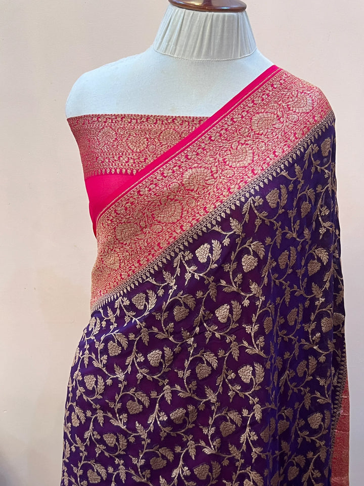 Deep Purple Pure Khaddi Georgette Handloom Banarasi Saree