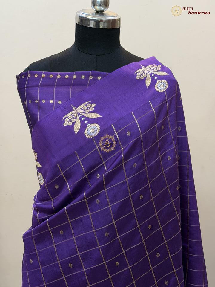  Purple Banarasi Silk Saree Zari Checks Kadhwa Border