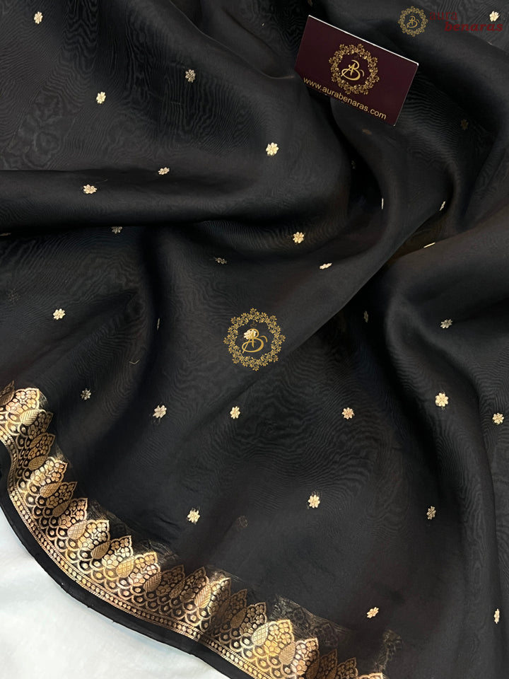 Black Pure Kora Silk Handloom Banarasi Saree