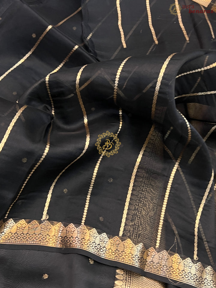 Black Pure Kora Silk Handloom Banarasi Saree