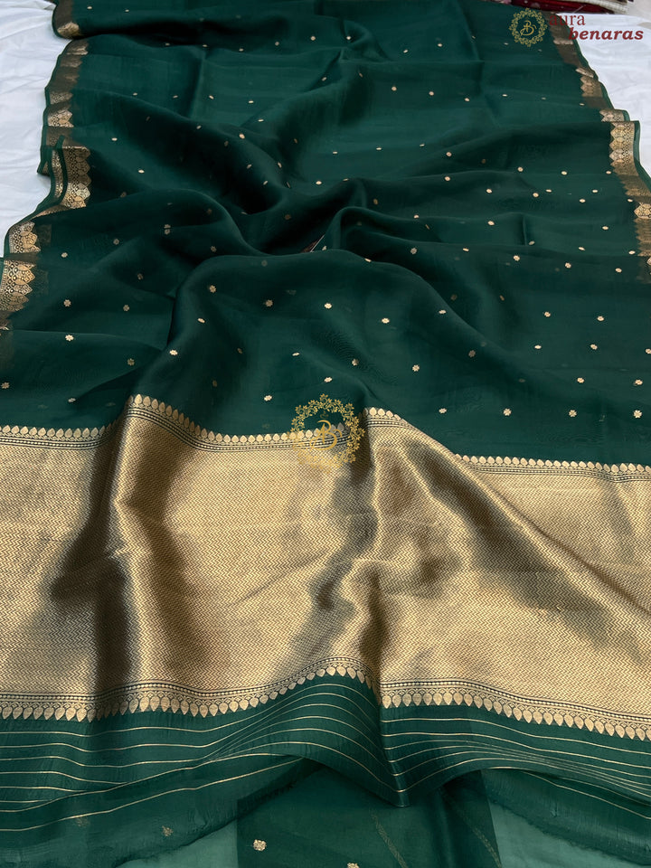 Bottle Green Pure Kora Silk Handloom Banarasi Saree