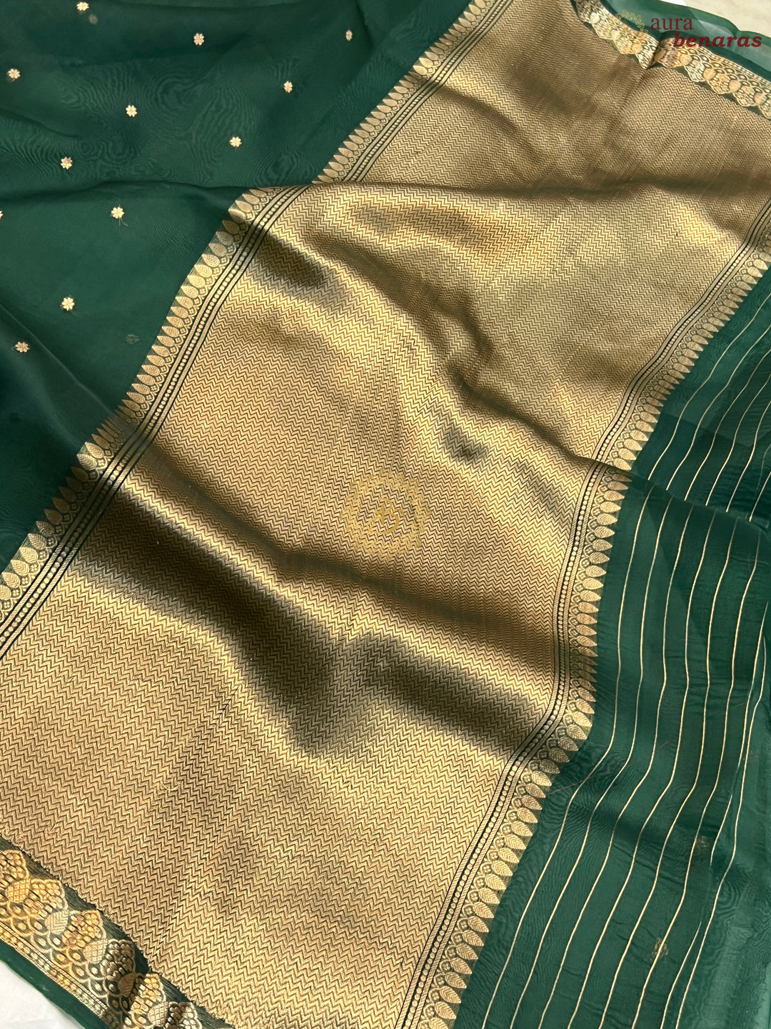 Bottle Green Pure Kora Silk Handloom Banarasi Saree