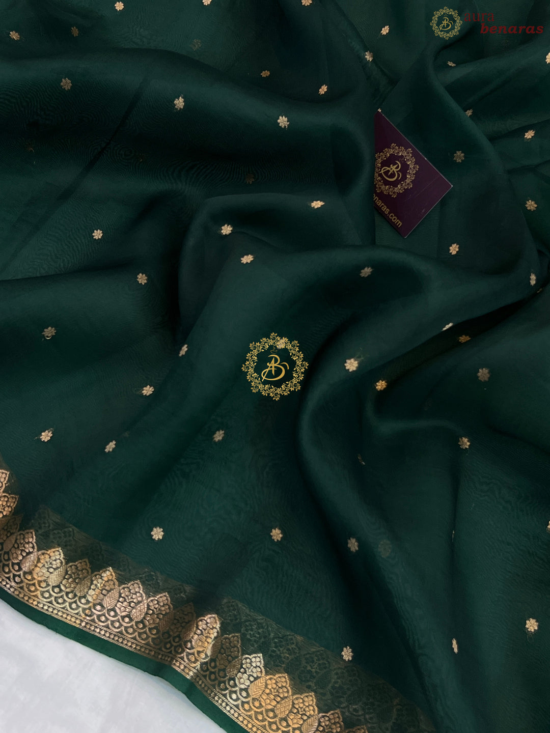 Bottle Green Pure Kora Silk Handloom Banarasi Saree