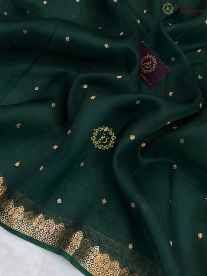 Bottle Green Pure Kora Silk Handloom Banarasi Saree