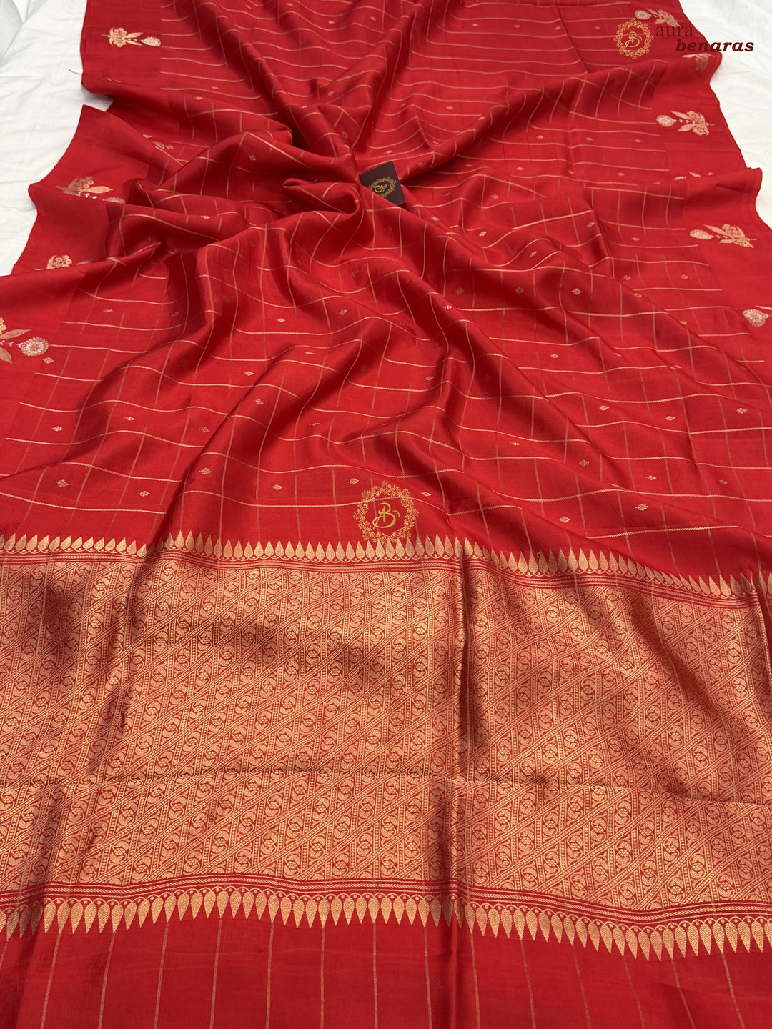  Red Banarasi Silk Saree Zari Checks Kadhwa Border