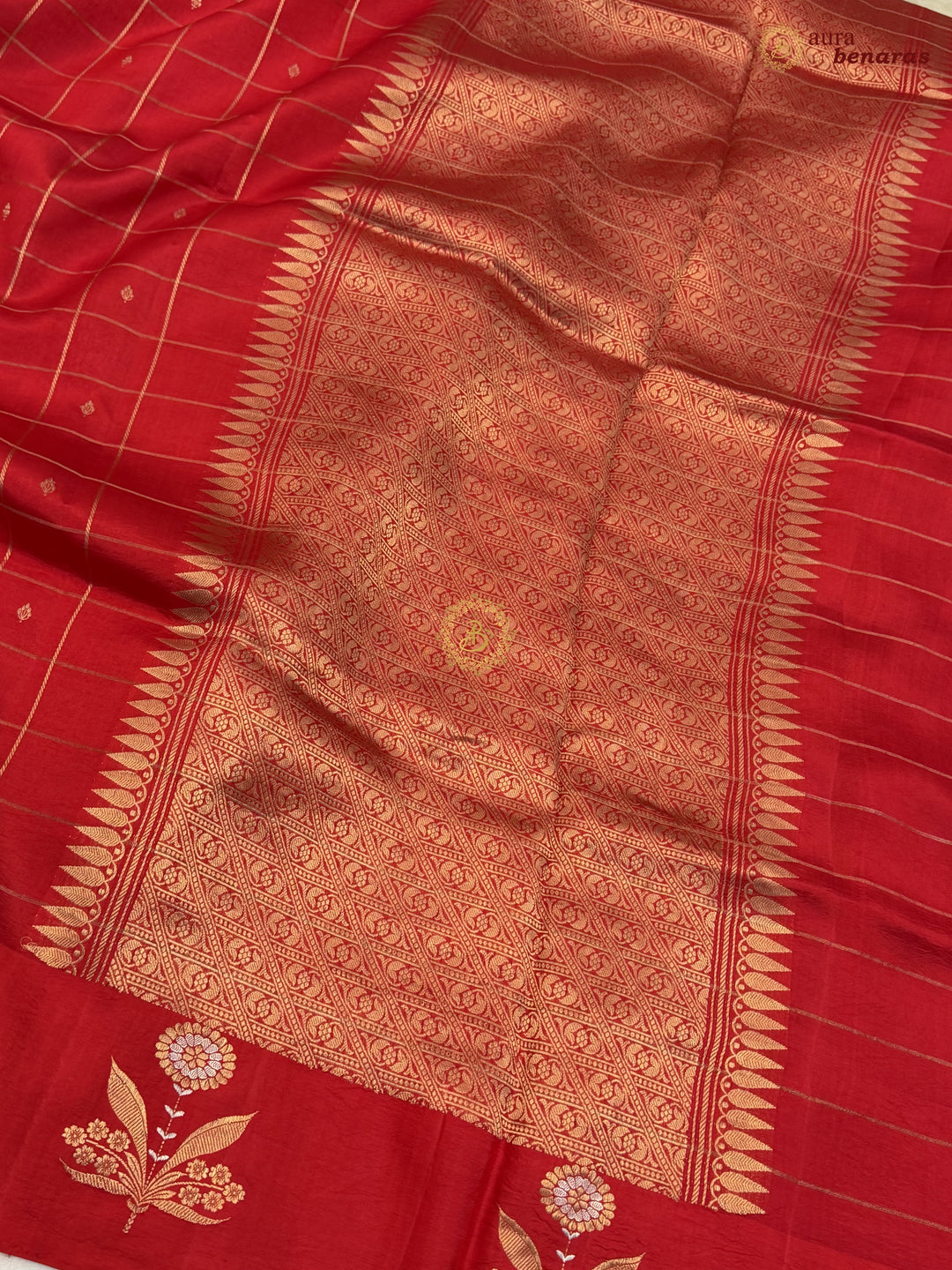  Red Banarasi Silk Saree Zari Checks Kadhwa Border
