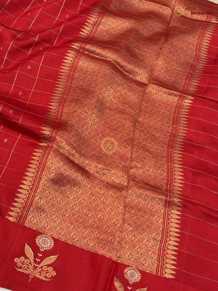  Red Banarasi Silk Saree Zari Checks Kadhwa Border