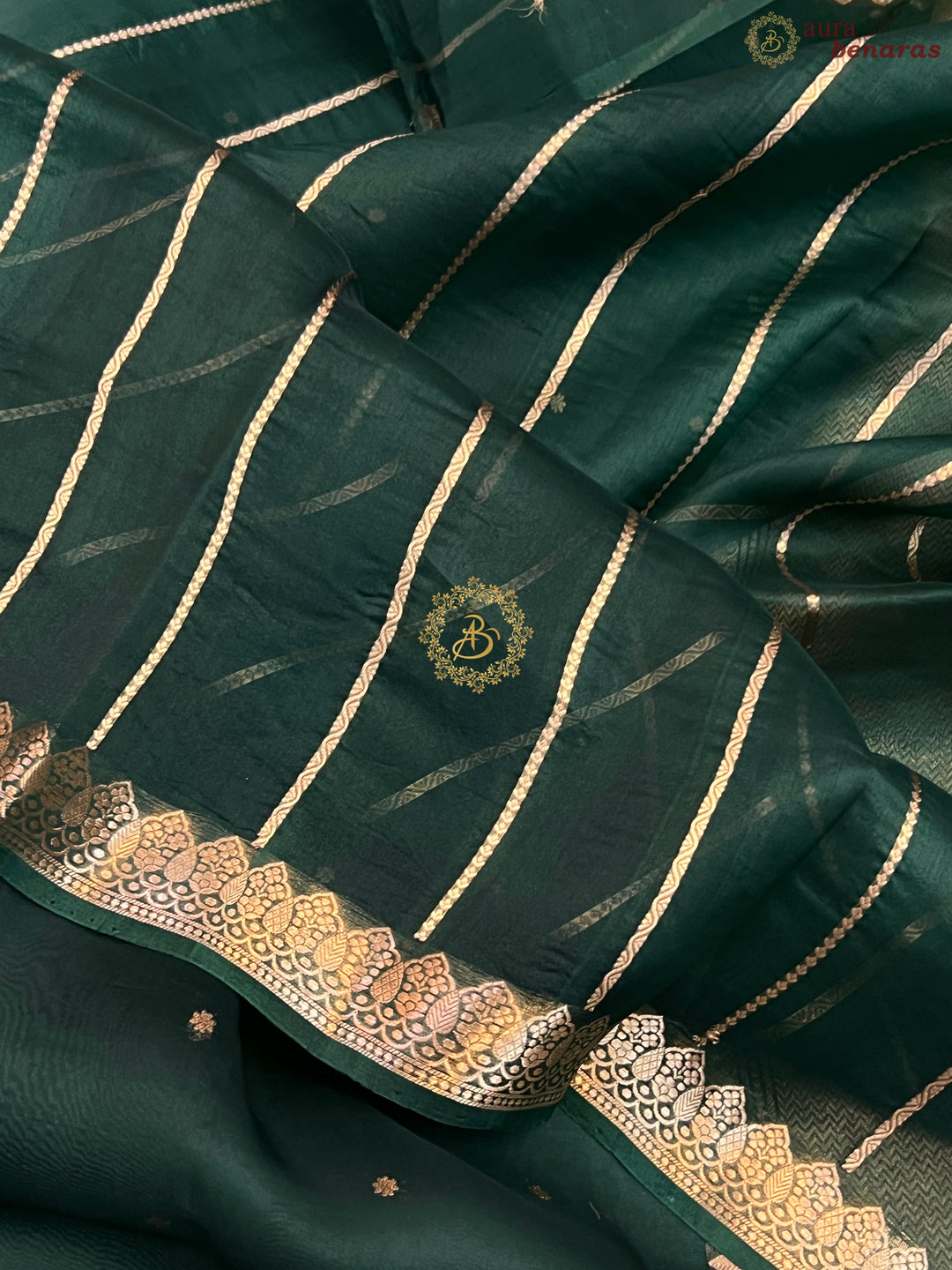 Bottle Green Pure Kora Silk Handloom Banarasi Saree
