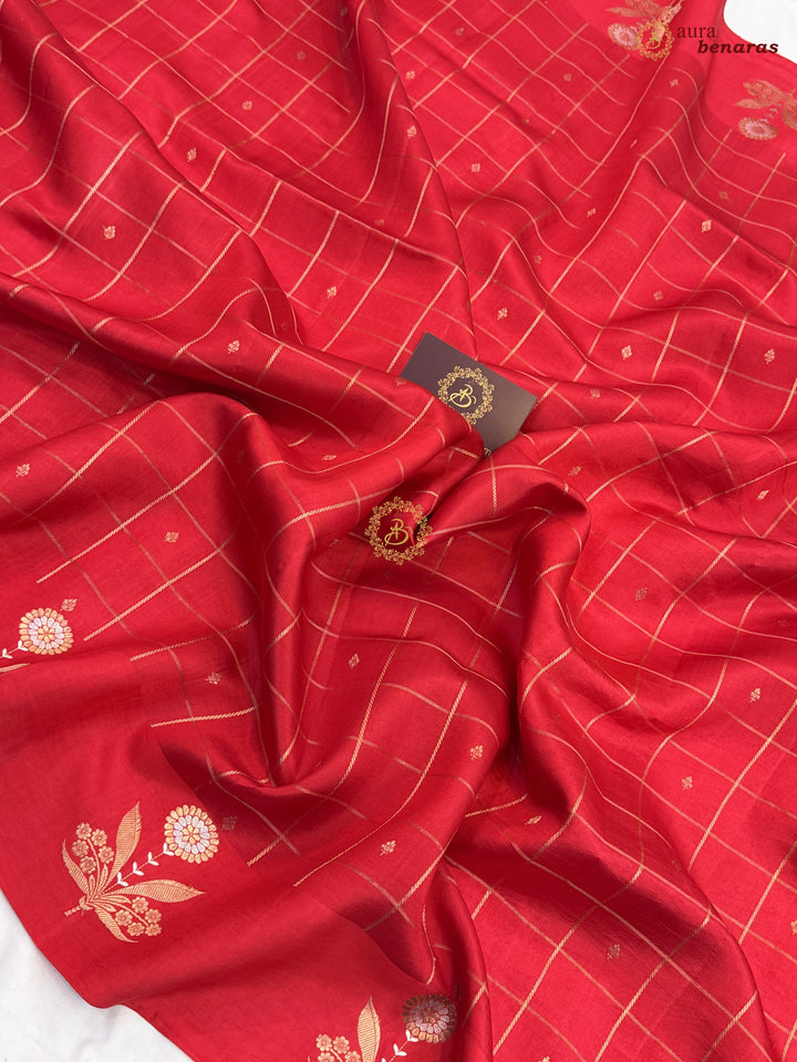 Red Banarasi Silk Saree Zari Checks Kadhwa Border