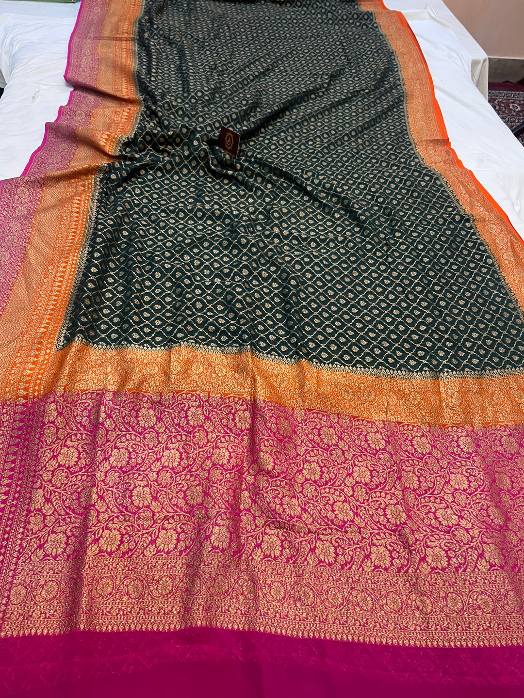 Bottle Green Pure Khaddi Georgette Banarasi Sari | Zari Jaal